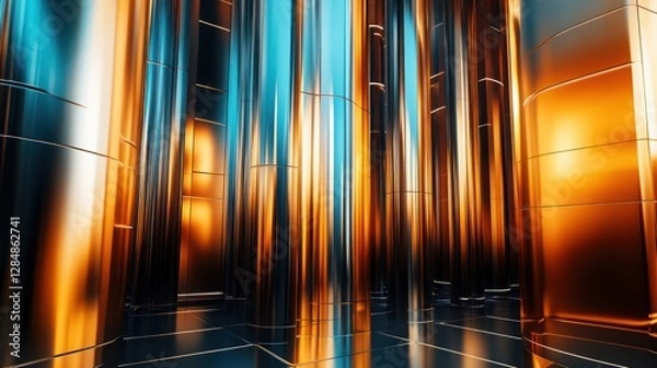 Fototapeta an abstract image of a city at night, metallic polished surfaces, pure gold pillars, clean background