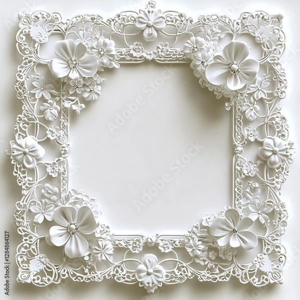 Fototapeta Graceful White Floral Frame: This detailed white floral frame, adorned with intricate lace elements, offers a classic and enduring setting for your cherished moments