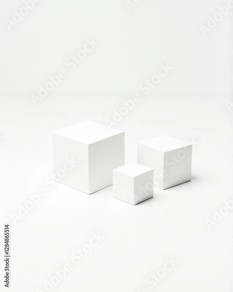 Fototapeta three white cubes of varying sizes on a white background