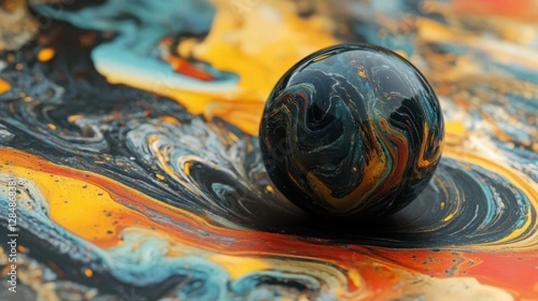 Fototapeta Futuristic universe, black nano fiber planet, marbled orb floating in space,