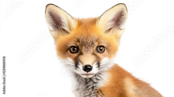 Fototapeta A playful fox cub with slightly ruffled fur, standing on a clean white background
