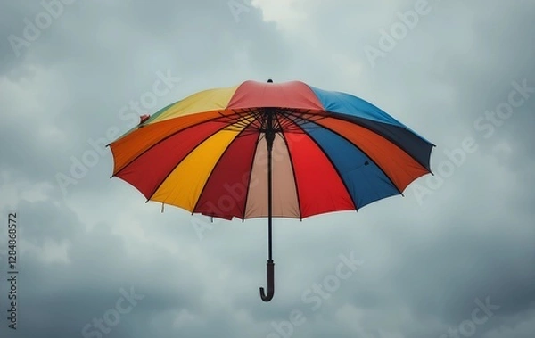 Fototapeta An umbrella with vibrant colors floating in a grey sky, colorful umbrella floating in a grey sky
