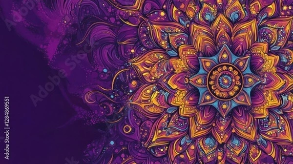 Fototapeta Illustration, background mandala in purple, intricate patterns, flowing sound waves, vibrant colors, mystical aura, detailed, symmetrical design