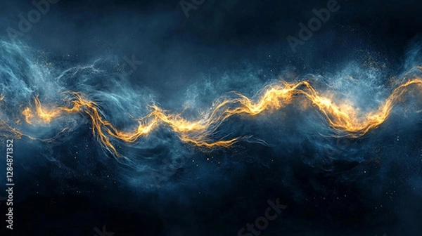 Fototapeta Ethereal fluid art with golden swirls in blue conveys luxury, elegance, and calmness, symbolizing sophistication, creativity, and abstract beauty in modern art