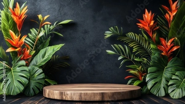 Fototapeta Tropical Bamboo Podium: A bamboo platform adorned with lush tropical foliage and bright blooms, creating a refreshing island atmosphere. Ideal for summer products and tropical beverages