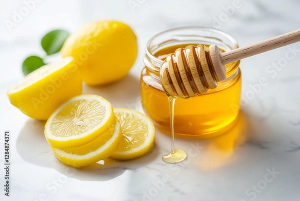 Fototapeta Modern still life with a jar of honey, fresh lemon slices, and a wooden dipper, highlighting a clean, healthy lifestyle