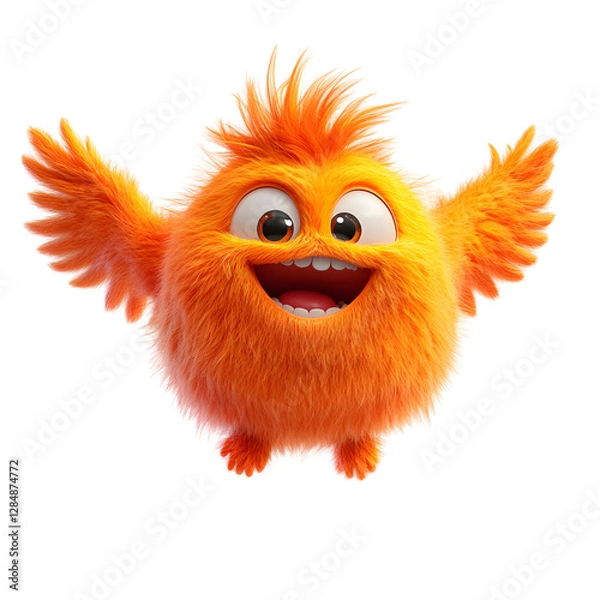 Fototapeta A Fluffy 3D Cartoon Character with Glowing Wings Jumping Isolated on Transparent Background