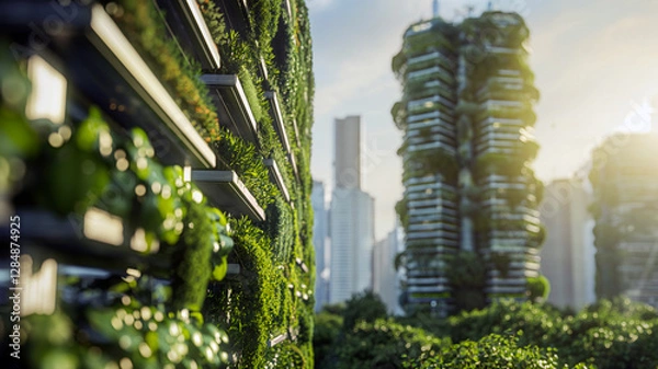 Fototapeta Towering structures covered in greenery stand amidst a bustling city, showcasing sustainable architecture with abundant plants - Generative AI