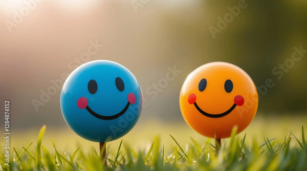 Fototapeta two spherical objects resembling smiley faces, positioned side by side on a grassy surface in an outdoor setting