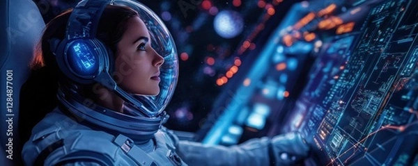 Fototapeta Female astronaut navigating spacecraft in high-tech cockpit under starry outer space