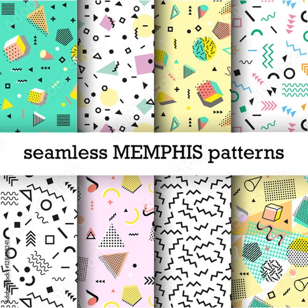 Obraz Retro vintage 80s or 90s fashion style. Memphis seamless patterns set. Trendy geometric elements. Modern abstract design. Good for textile fabric. Vector illustration.