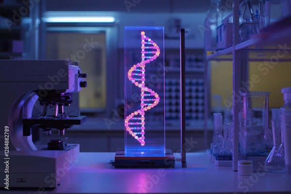 Fototapeta Innovative DNA helix model illuminated in a futuristic laboratory setting, showcasing advancements in genetic research and biotechnology under neon purple and blue lighting.