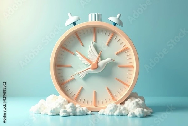 Fototapeta Clock is flying in air with clouds around it