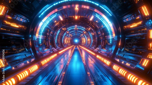 Fototapeta A futuristic illuminated spaceship corridor featuring vibrant glowing lights. The sleek design symbolizes advanced technology, exploration, and the journey into uncharted realms of space.


