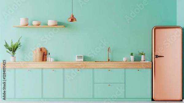 Fototapeta Mint Green Kitchen Wooden Countertop, Copper Accents, Minimalist Design, Kitchen Interior Keywords Mint, Copper