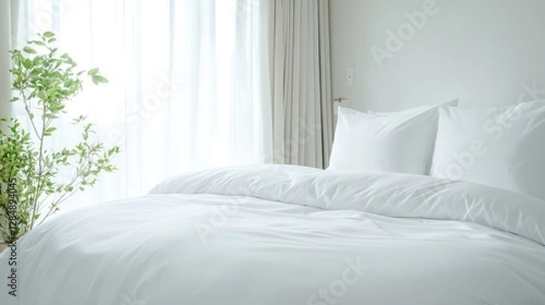 Obraz Sunlit bedroom, white bedding, plant, calm