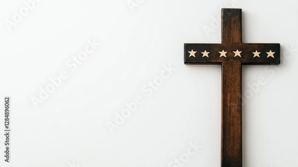 Fototapeta A beautifully crafted wooden cross with five stars, symbolizing faith and spirituality, against a minimalist white background provides a serene and inspiring atmosphere.