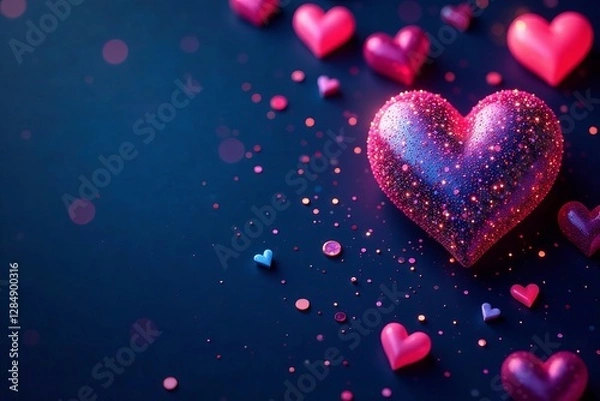 Fototapeta Vibrant heart pattern on midnight blue background with glitter details, design, blue