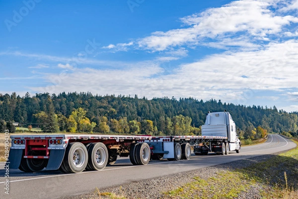 Obraz Powerful high cab white big rig semi truck tractor transporting two empty flat bed semi trailers running on the narrow winding road with autumn forest on the hill