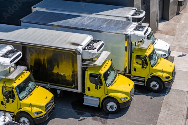 Obraz Yellow and white middle duty day cab rigs semi trucks with refrigerated box trailers standing in row on the industrial parking lot waiting for the next local deliveries