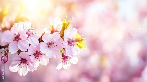 Fototapeta A close-up of cherry blossoms in soft light, symbolizing beauty and renewal.