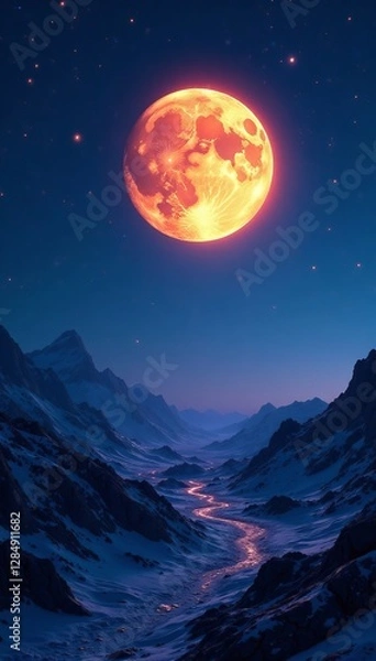 Fototapeta Surreal lunar landscape with glowing moon and distant stars, celestial, surreal, night