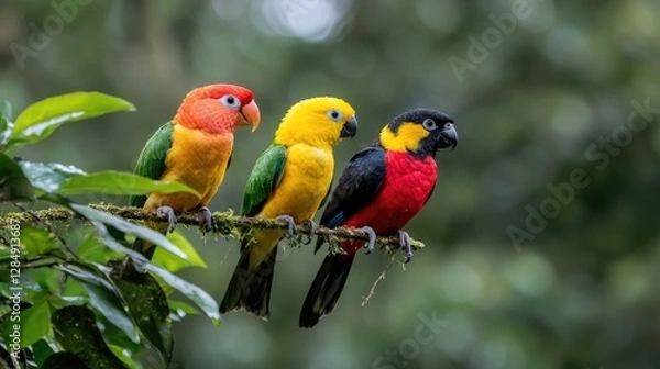 Obraz Three colorful parrots on branch in rainforest