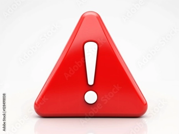Fototapeta 3D red triangle alert icon with a glossy, reflective surface