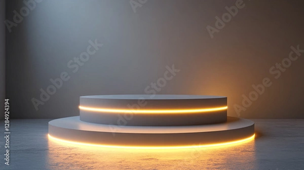 Fototapeta A silver pedestal platform display with a neon modern stand podium on a white room background, symbolizing simplicity, elegance, and potential. Ideal for showcasing products or exhibitions