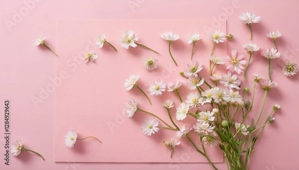 Fototapeta 핑크빛 종이 위에 작은 들꽃들이 자연스럽게 흩어져 있다
