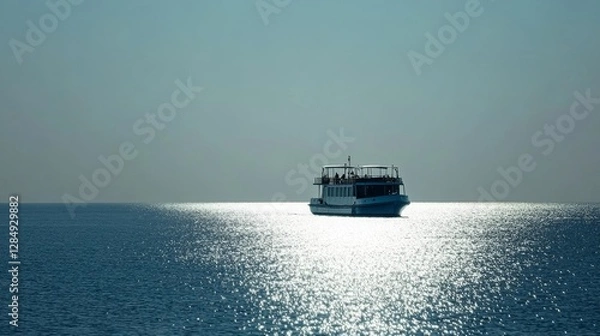 Fototapeta Boat Sailing on Calm Ocean with Sunlight Reflection