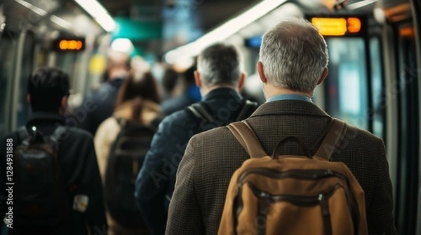 Fototapeta People commuting in a public transport vehicle, travelling to work, or home.
