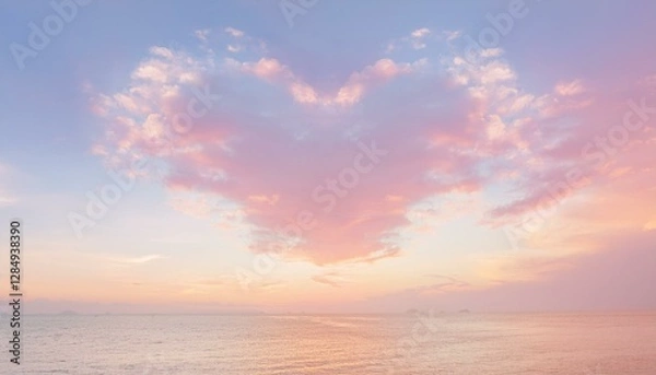 Fototapeta 파스텔 톤의 하늘, 구름이 자연스럽게 하트 모양을 이루고 있으며 따뜻한 석양이 이를 부드럽게 물들이고 있다