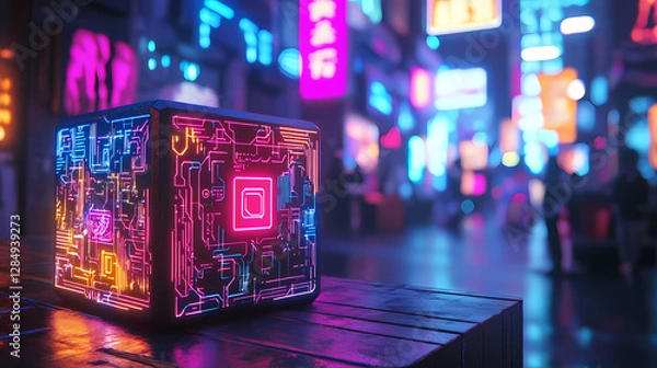 Fototapeta A cyberpunk-inspired glowing box with neon circuitry patterns, set in a futuristic marketplace with holographic signs in the background. Holographic Street Market. Illustration