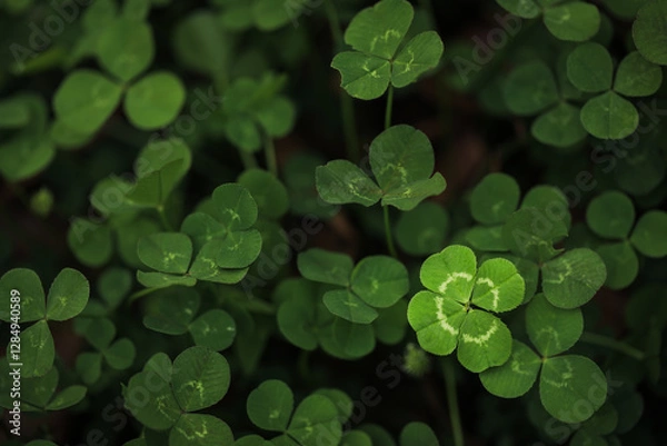 Obraz Found a good luck four leaf clover standing out from meadow of green clovers. Unique discovery of a rare 4 leaf clover for St Patricks day charm or to symbolize luck, good fortune, or prosperity.