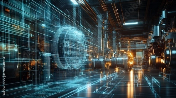 Fototapeta Futuristic Industrial Technology: A Digital Overlay on a Modern Factory