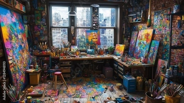 Fototapeta Colorful Artist's Studio with Large Window Overlooking City Skyline and Paint Splattered Floor