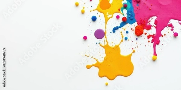 Fototapeta Vibrant colors splashing on a clean white surface creating an abstract visual effect, fun, spring