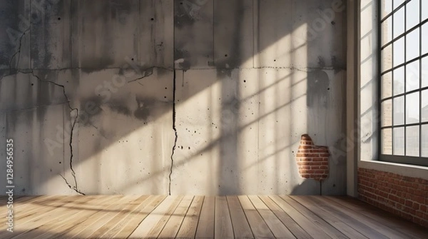 Fototapeta Industrial loft interior with raw concrete walls, exposed brick, and wooden flooring. Large windows allow natural sunlight to create a dramatic and artistic urban atmosphere
