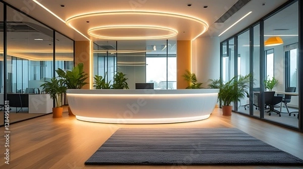 Fototapeta Modern office reception area with sleek illuminated desk, elegant furniture, and lush indoor plants. Stylish corporate interior with warm lighting and contemporary design
