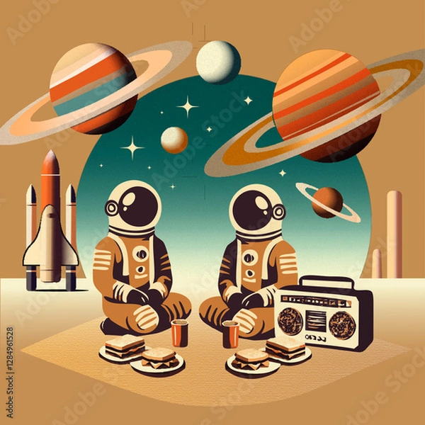 Fototapeta Retro astronauts on a picnic