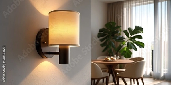 Fototapeta Elegant modern dining area with warm ambient lighting, stylish furniture, and lush indoor plants. Cozy atmosphere with soft curtains, wooden table, and decorative wall lamp
