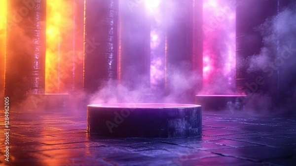 Fototapeta This futuristic scene depicts a platform in a vibrant environment