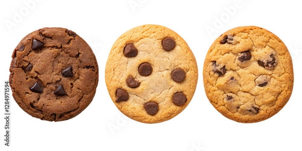 Fototapeta Three Varieties of Chocolate Chip Cookies on Transparent Background for Treats, PNG Transparent