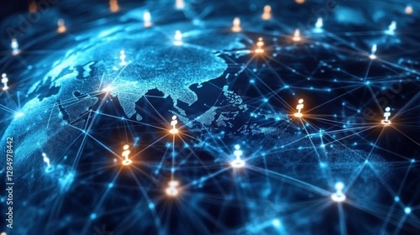 Fototapeta A virtual network of interconnected business nodes and human resources icons, depicting seamless communication across the globe.