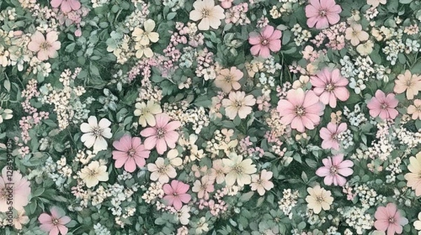 Fototapeta Hand-drawn floral pattern with watercolor effects in soft pinks and greens, perfect for wedding invitations, springtime designs, and botanical-themed 