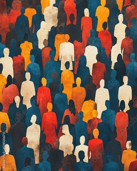 Fototapeta A dense crowd of diverse people, depicted in various colors and textures, viewed from above.