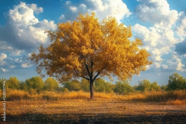 Obraz Resilient Autumn Landscape After Wildfire Showcasing Vibrant Tree Amidst Burnt Field Under Blue Sky