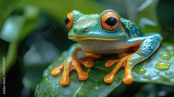 Fototapeta Vibrant Tree Frog on Leaf in Lush Rainforest with Dramatic Lighting and Water Droplets