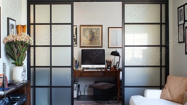 Fototapeta Bedroom with large sliding doors opening into a home office and entertainment space, enhancing accessibility.